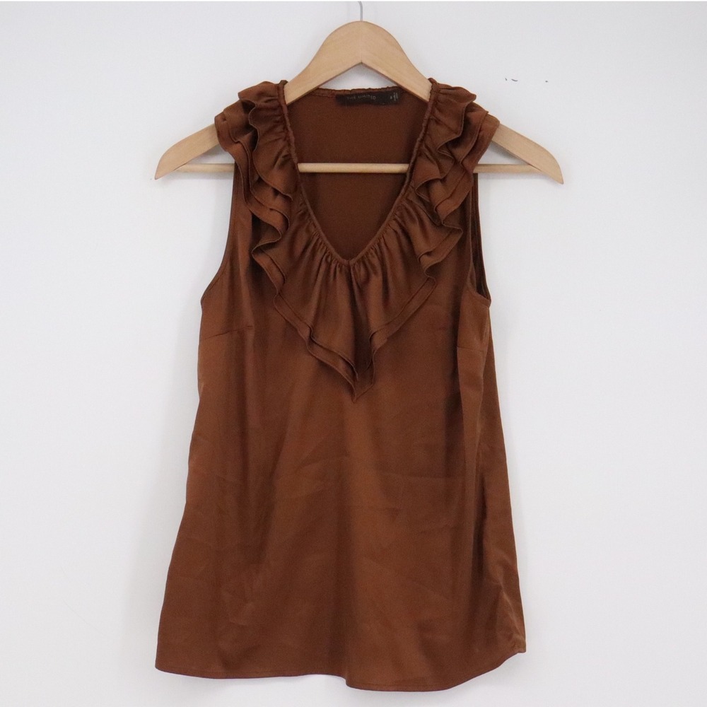 The Limited Blouse Women S Ruffle Neck Brown Satin Sleeveless Stretch Excellent